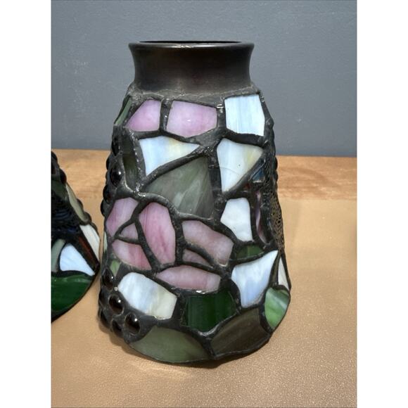 Set Of 3 Vintage Stained Glass Lamp Pendant Light Shade Blue Jay & Berries - Picture 5 of 16